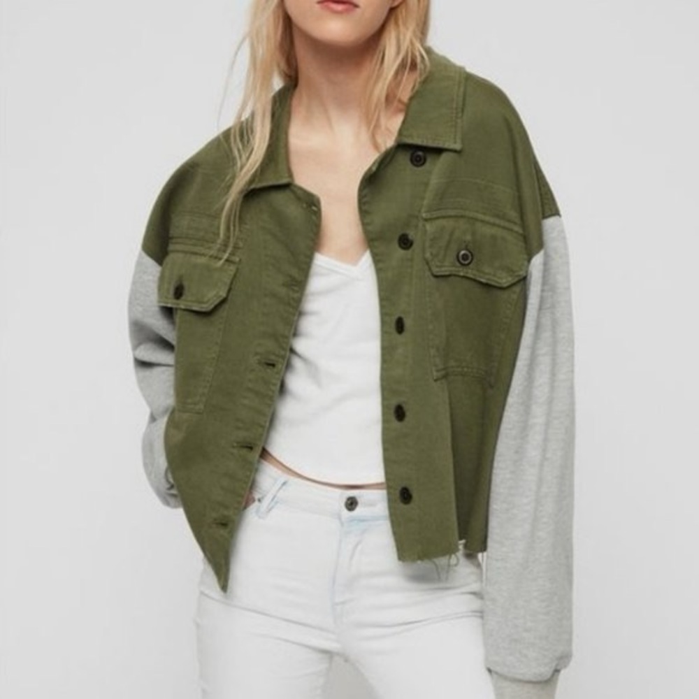 All Saints Morten Army Denim Sweatshirt Sleeve Green Gray Jacket M/L Jacket